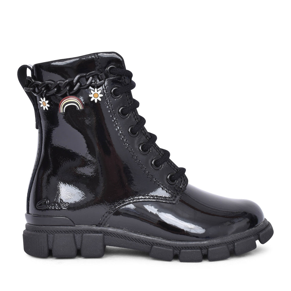 Girls Evyn Charm K Black Patent Ankle Boot In Kids G Fit