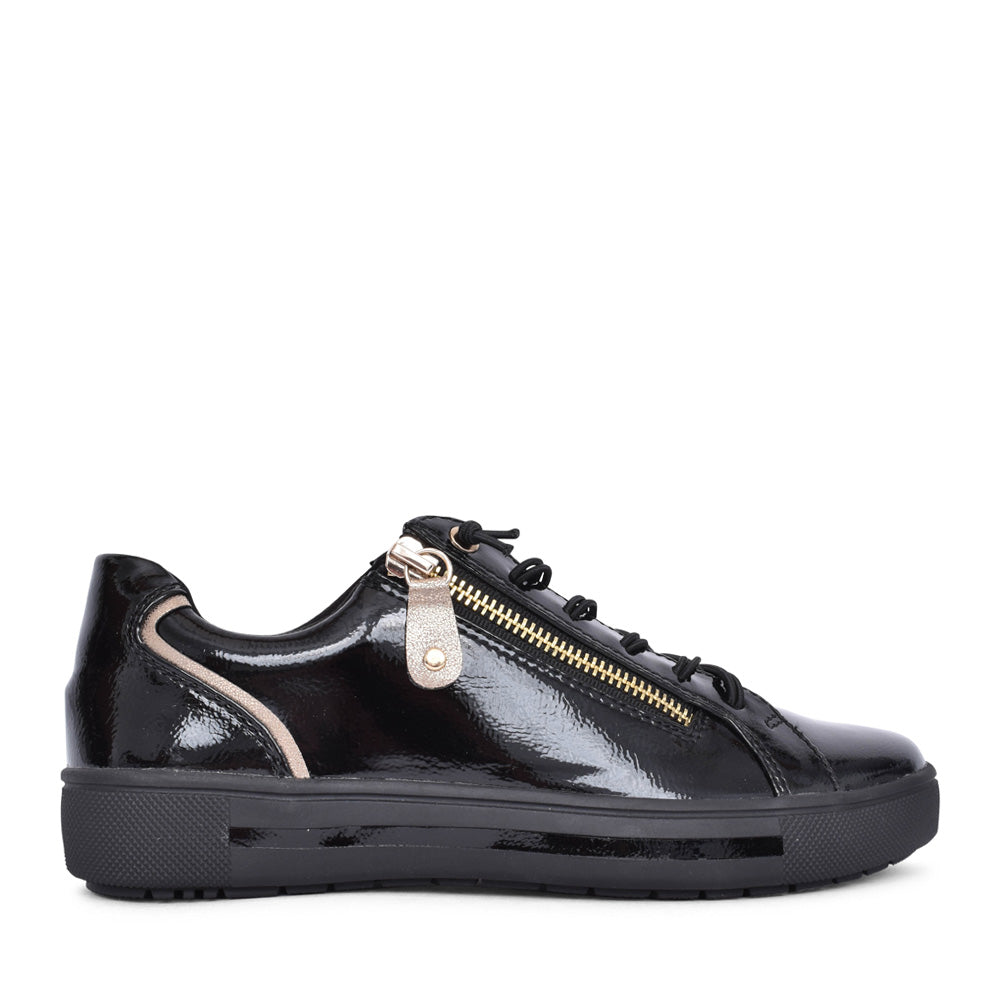 Ladies 8-23660 Laced Trainer In Blk Patent