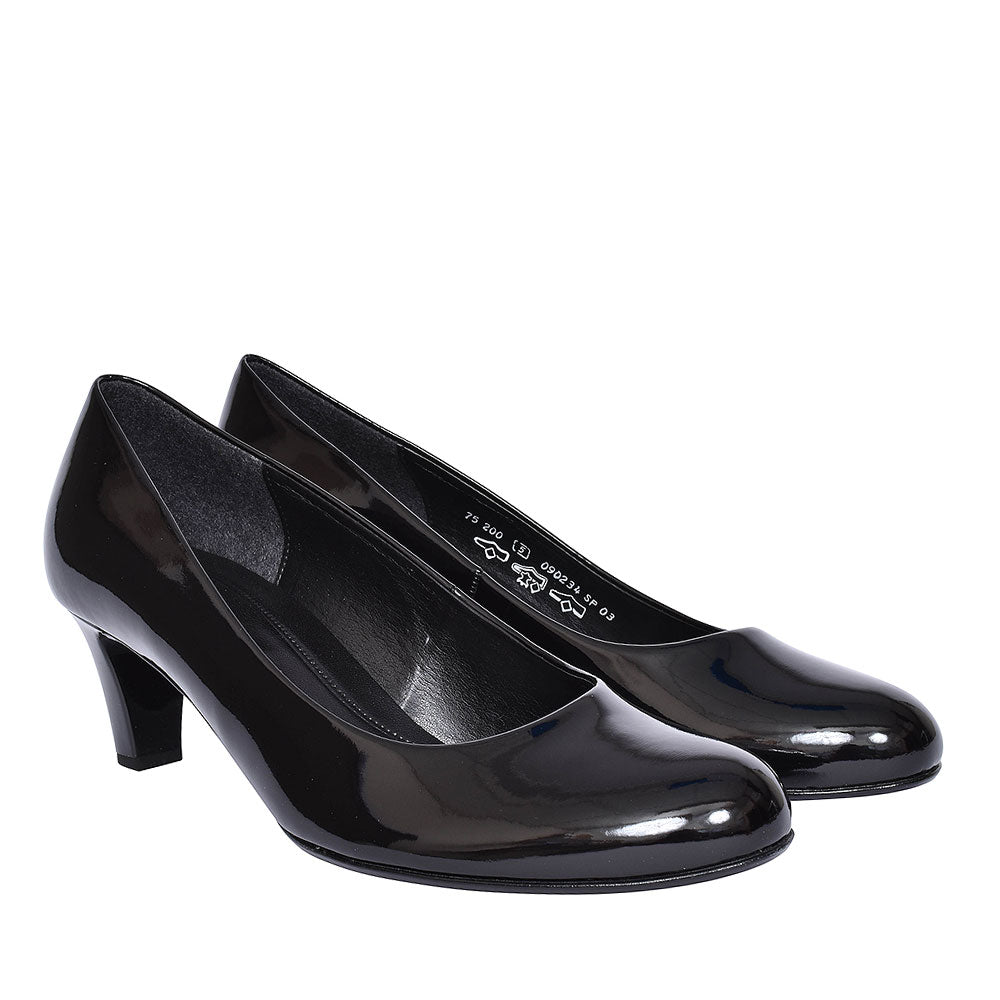 Mid Heel Court Shoe For Women In Black Patent