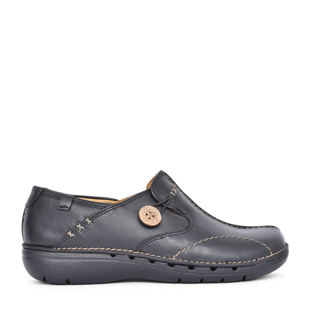 Ladies Un Loop Leather D Fit Slip On Shoe In Blk Leather