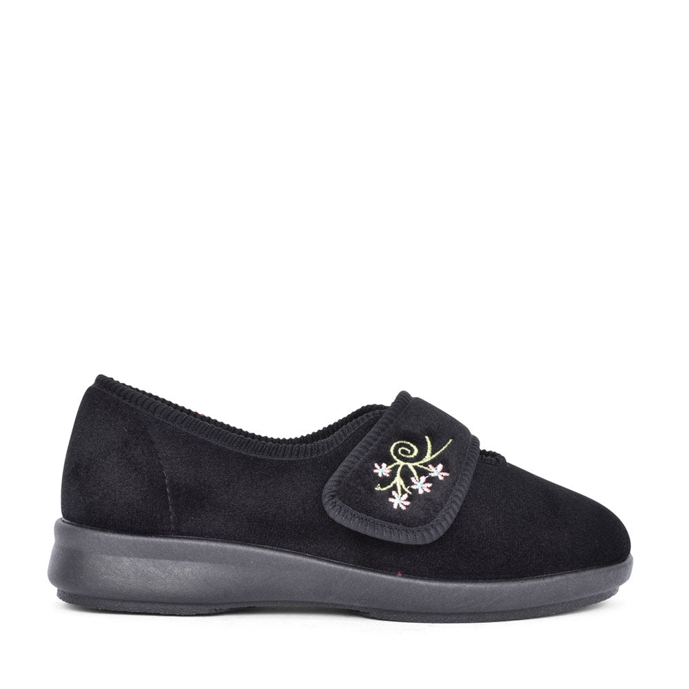 Ladies Caroline 2 2v Wide Fit Floral Velcro Slipper In Black