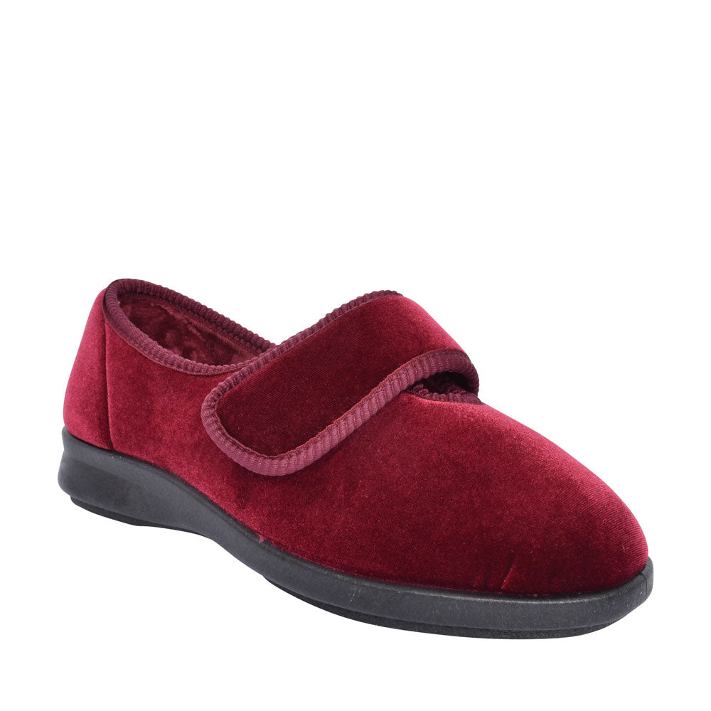 Nellie Extra Wide 2v Velcro Slipper For Ladies In Burgandy