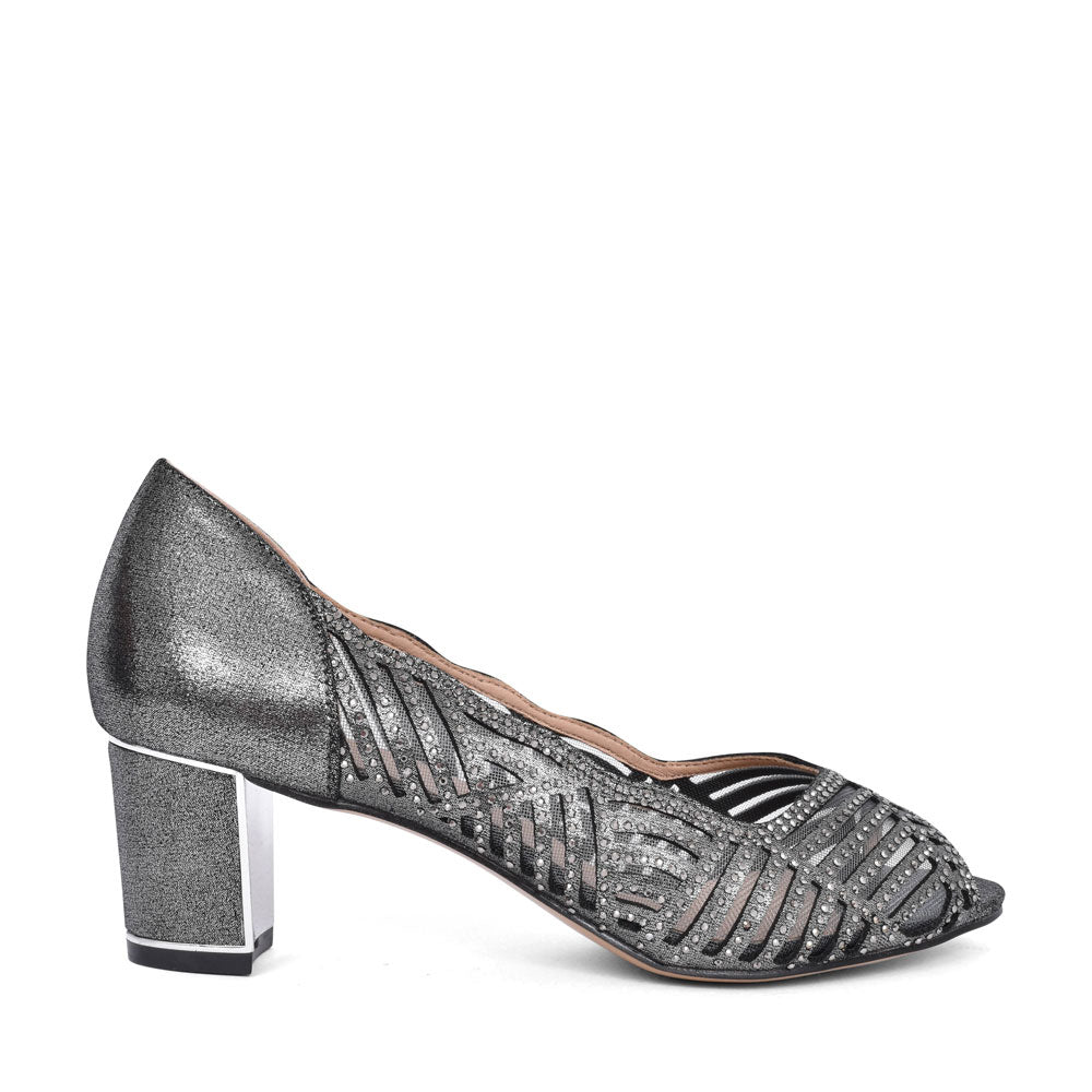 Ladies Uls165 Low Heel Diamante Peep Toe Court Shoe In Pewter