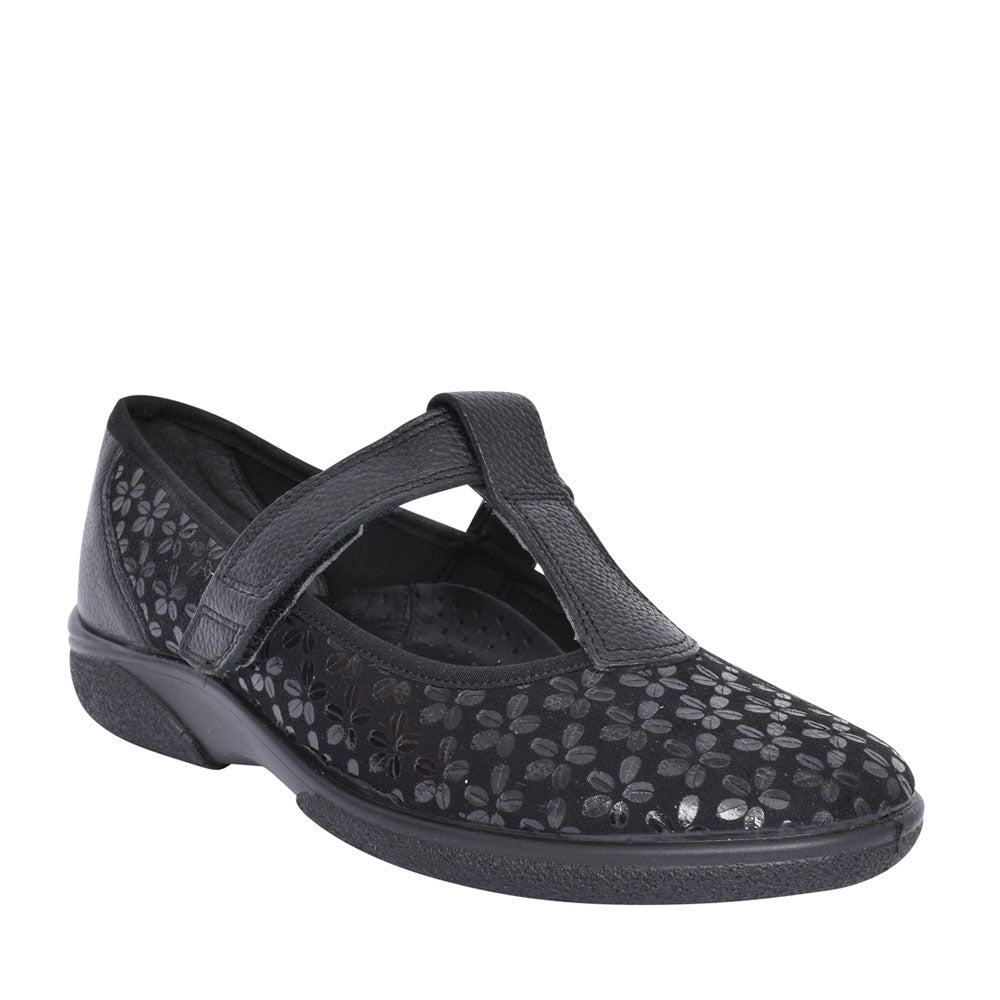 Ladies Aurora 2v Extra Wide Velcro T-bar Shoe In Black