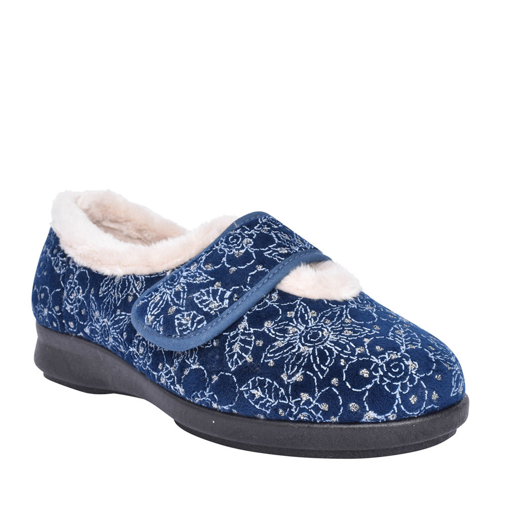 Ladies 2v Extra Wide Harper Velcro Slipper In Navy