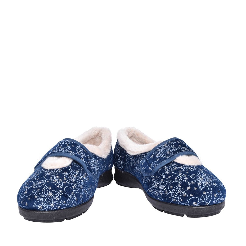 Ladies 2v Extra Wide Harper Velcro Slipper In Navy