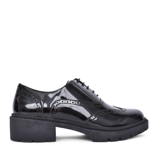 Ladies Aston Heeled Brogue Shoe In Blk Patent
