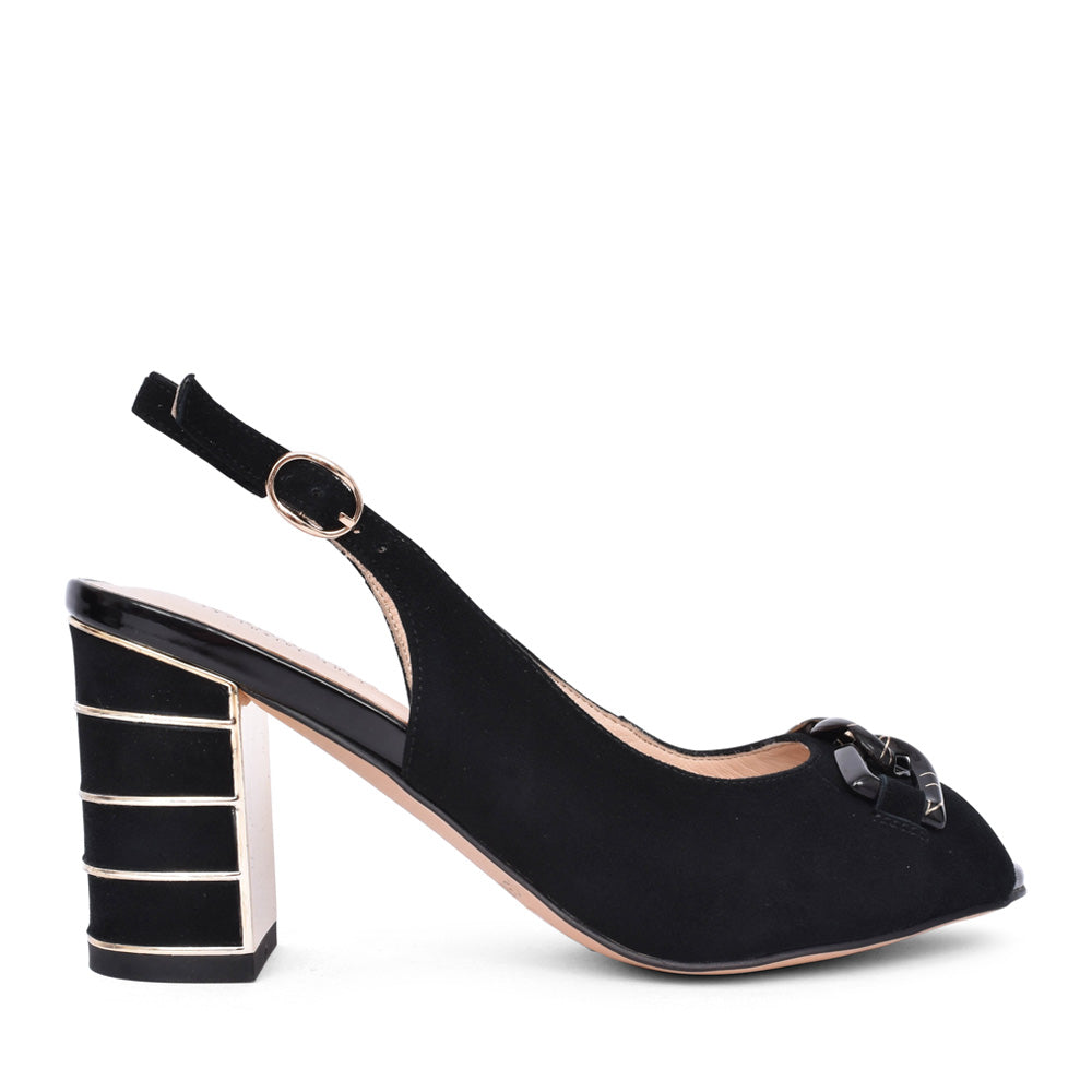 Ladies D40521 Medium Heel Peep Toe Sandal In Black