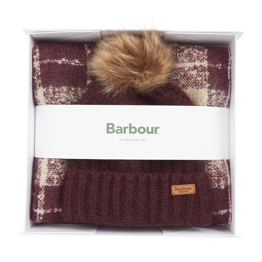 Ladies Saltburn Beanie And Tartan Scarf Gift Set In Burgandy