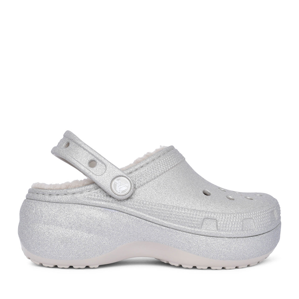 Ladies 210413 Classic Platform Glitter Lined Clog In Silver Glit
