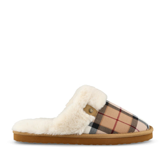 Ladies Claudia Tartan Mule Slipper In Beige