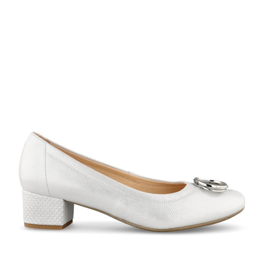 Ladies 6415  Shimmer Low Heel H-fit Court Shoe In Silver