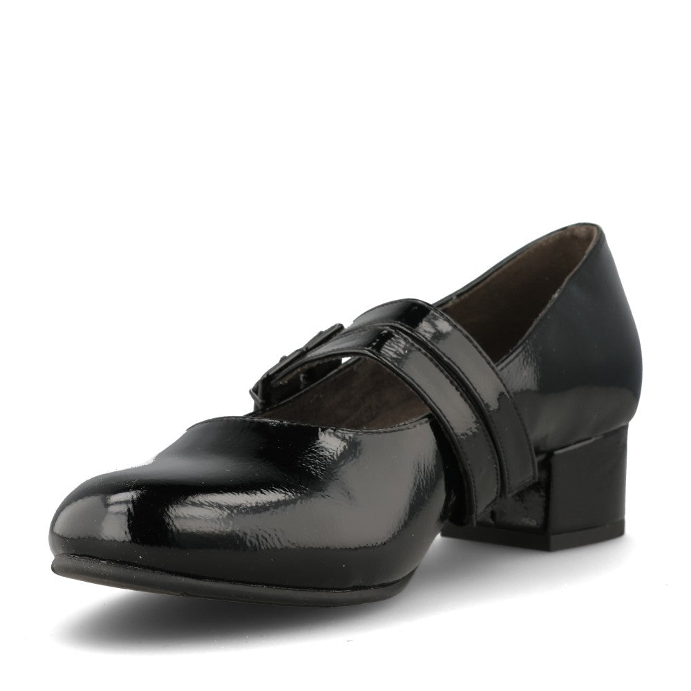 Ladies 8-24366 Mid Heel Mary Jane Shoe In Blk Patent